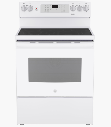 Cuisinière à Convection Électrique de 5.0 pi³ Autonettoyante en Blanc GE ( JCB840DVWW ) [BOITE OUVERTE]