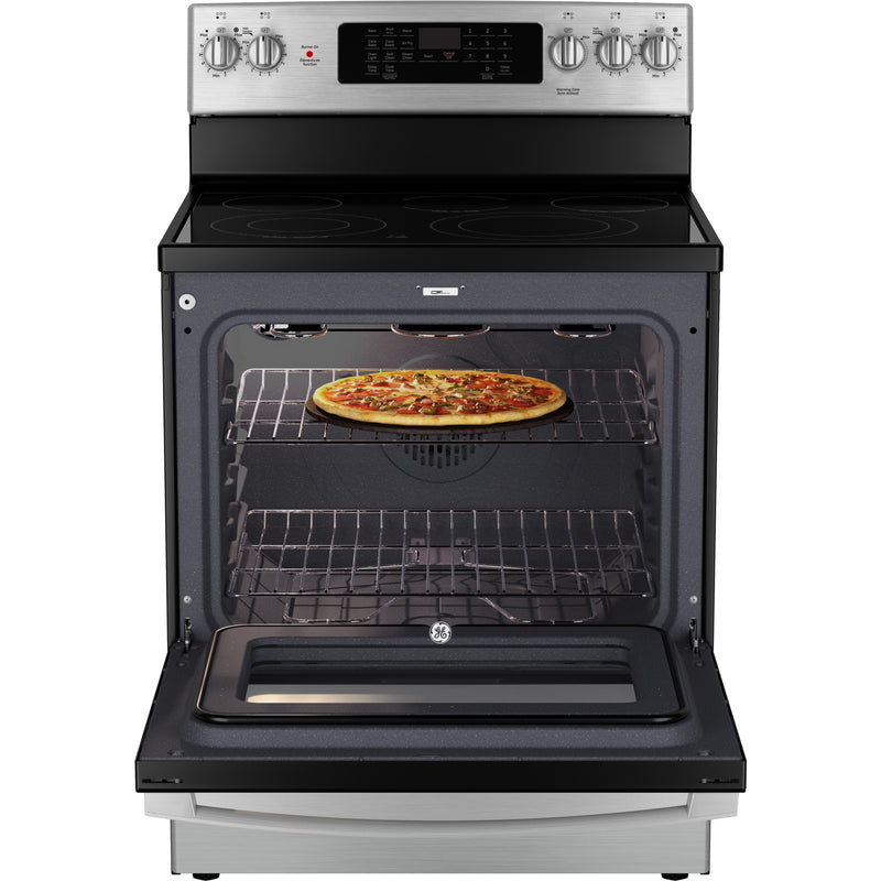GE 30-inch Freestanding Electric Range with True European Convection Technology JCB840STSS IMAGE 3